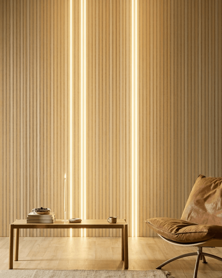 Minimalist room with wooden bench, candle, cup, book, tan leather chair, and WoodUpp Lumi LED striplight on an Akupanel acoustic slat wall.